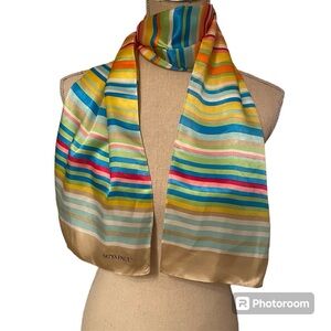 SATYA PAUL SCARF MULTI COLOR TAN WHITE BLUE PINK STRIPE SILK LONG RECTANGLE